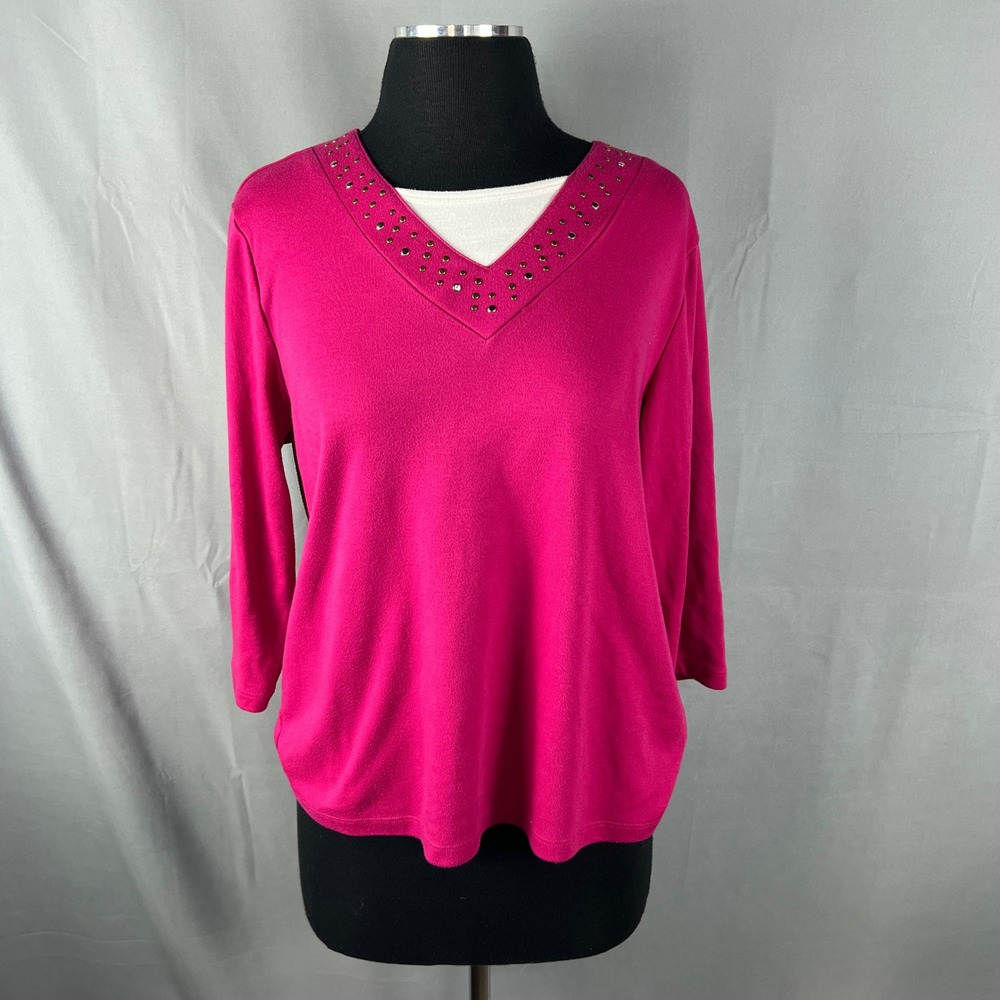 Allison Daley Top Womens M Vibrant Magenta Studded Embellished Quarter Sleeve